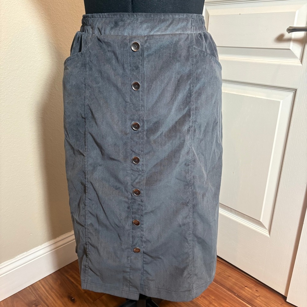 Allison Daley Womens Gray Corduroy Button Front Midi Skirt Elastic Waist Size 14